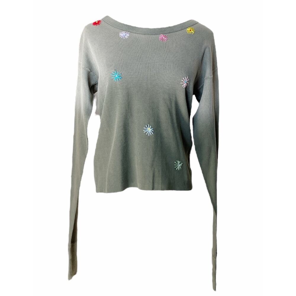 Free People x Riley Vintage Dipped Olive Embroidered Thermal Top NWT  Small